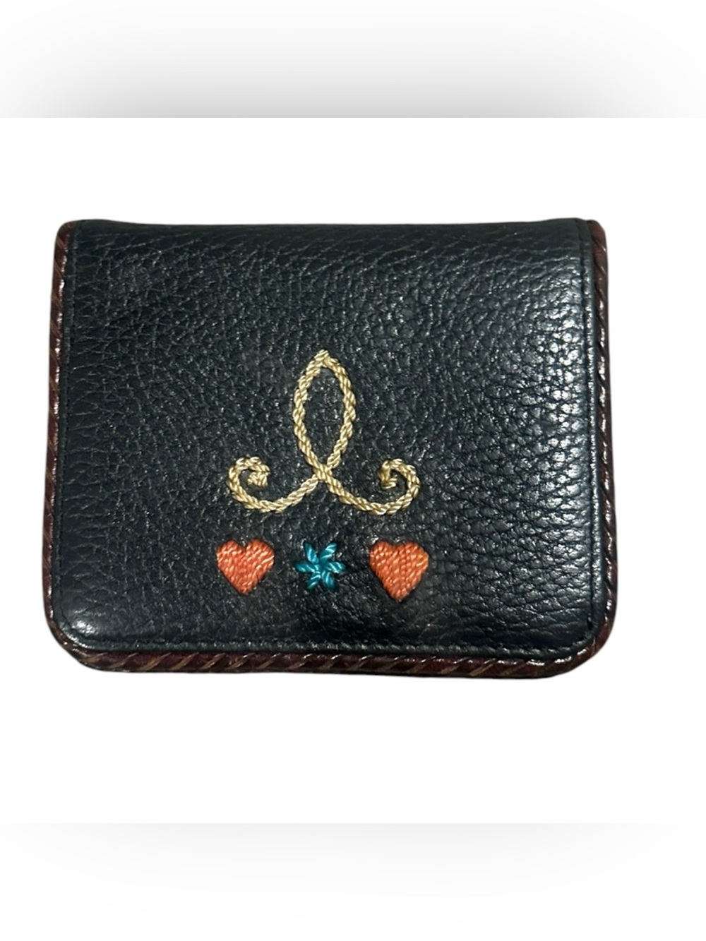 Brighton Black Pebbled Leather Small Wallet Embroidered Hearts Scroll Design EUC